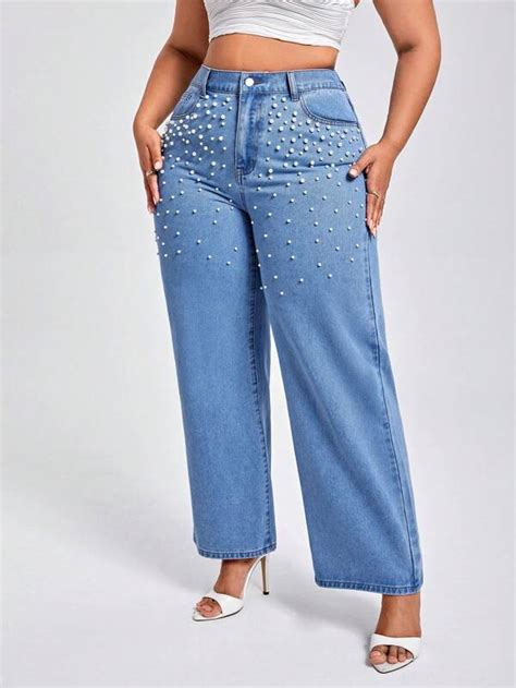 Shein Sxy Plus Pearls Beaded Wide Leg Jeans Shein Usa