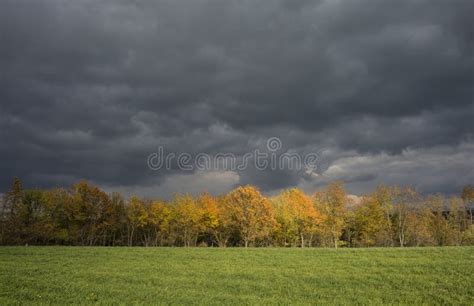 Stormy Dark Clouds Over The Trees And Field The Fall Scene Stock