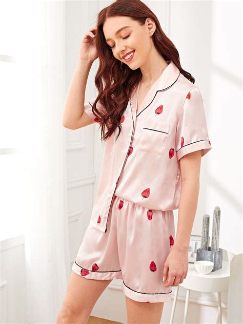 Strawberry Print Satin Pajama Set ROMWE Satin Pyjama Set Satin