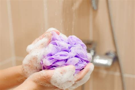 Woman Using A Soap While Taking Shower In Bathroom Stock Image Image