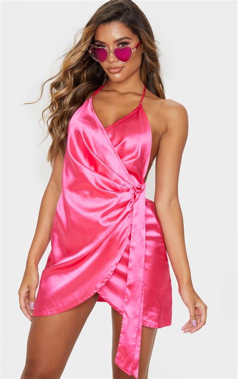 hot pink satin halterneck wrap bodycon dress prettylittlething qa