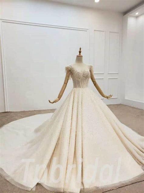 Pearl Wedding Dress Hand Made Illusion Ball Gown With Train