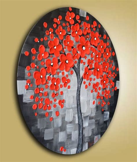 Red Tree Original Painting For The Home Office Round Canvas Wall Art