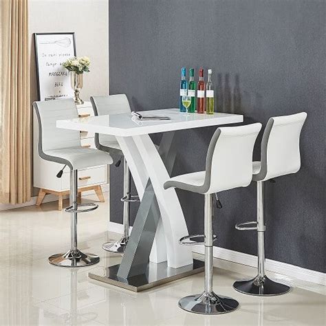 Axara Bar Table In White And Grey Gloss With 4 Ritz White Stools Pub