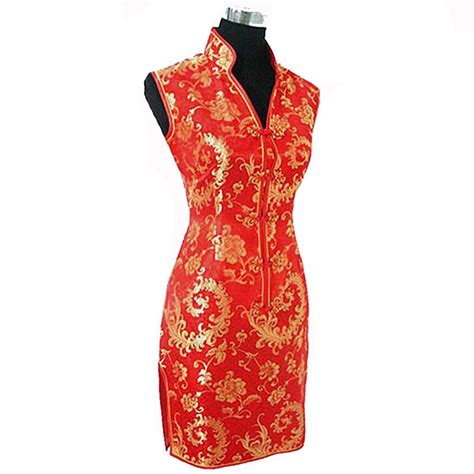 hot sale red chinese women s traditional dress silk satin qipao v neck mini cheongsam top floral