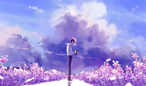 Animeguy Animemanga Clouds Digital Flowers Illustration Lavender