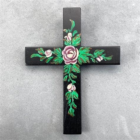 Black Teakwood Cross With Painted Rose Stem And Leaves Etsy In 2021