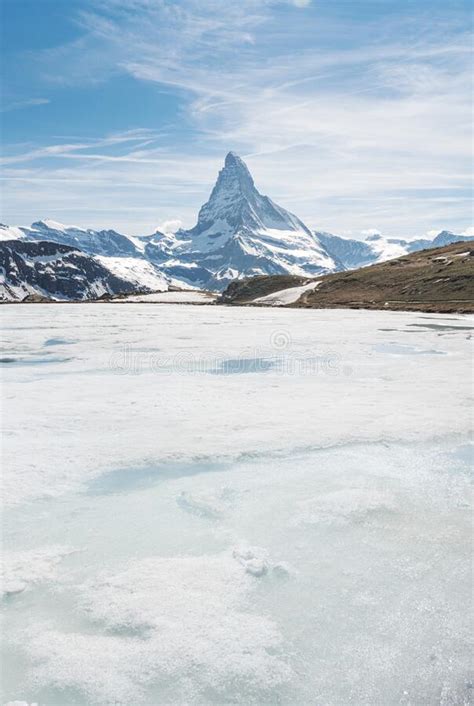 Matterhorn Mountain With Frozen Lake In Winter Zermatt Switzerland