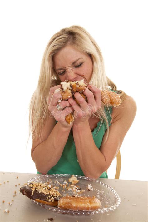 Woman Stuffing Doughnuts Onto Mouth Stock Image Image Of Greedy