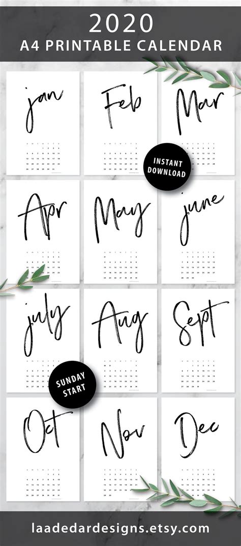 2020 Printable Calendar A4 Instant Download 12 Month New Etsy