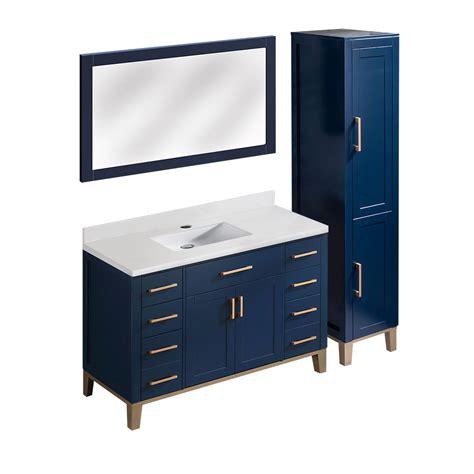 Combo 48 Navy Blue Elevated Vanity Set With Linen Cabinet And Mirror