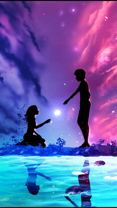 Download Animation Anime Couple On Water Purple And Pink Wallpaper