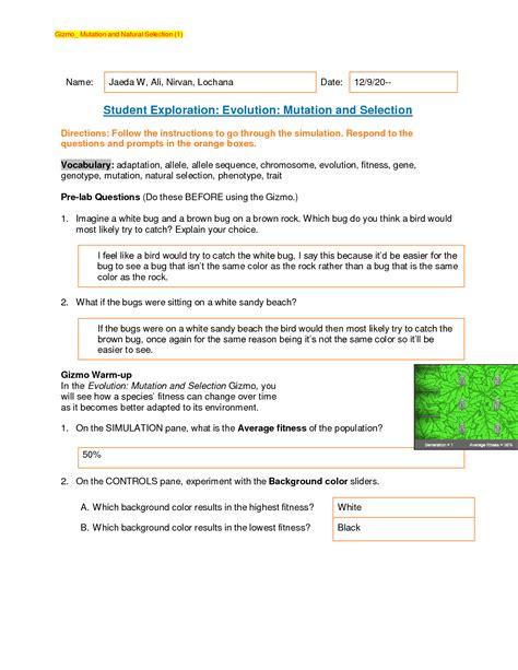 Solution Gizmo Mutation And Natural Selection 1 Studypool