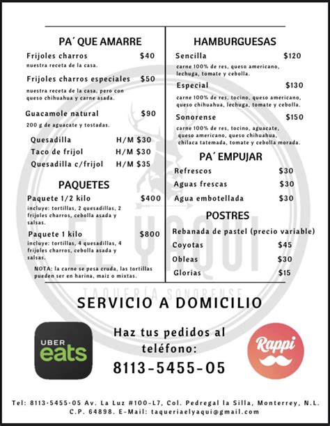 Carta Del Restaurante El Yaqui Taquería Sonorense Monterrey
