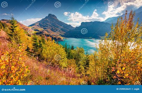 Colorful Autumn View Of Roselend Lake Astonishing Morning Scene Of