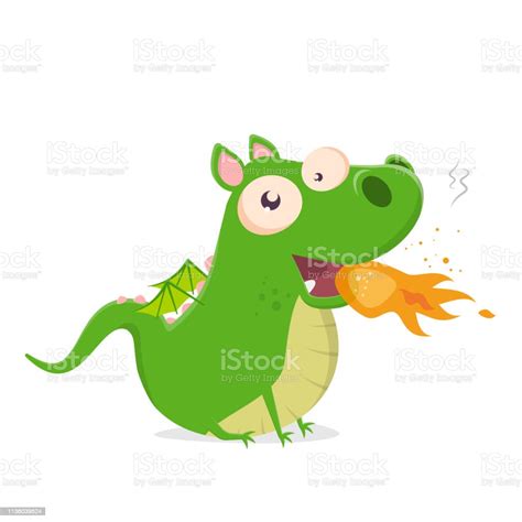 Funny Vector Illustration Of A Green Cartoon Dragon Spitting Fire Stock