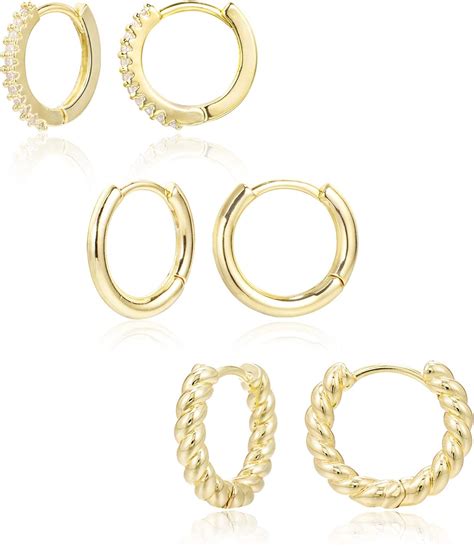 3 Pairs Small Huggie Hoop Earrings Set 14K Gold Hypoallergenic