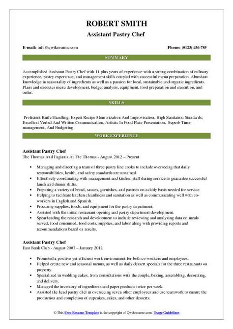 assistant pastry chef resume samples qwikresume