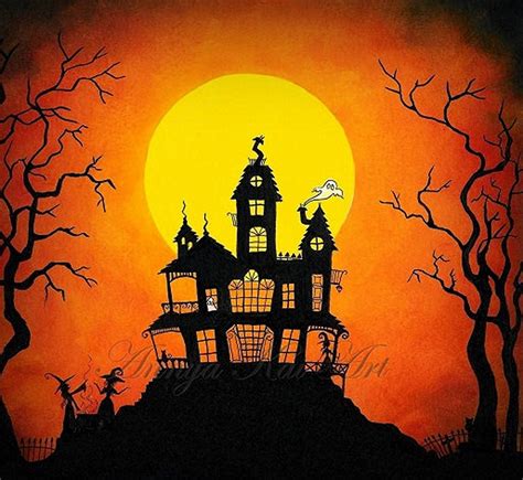 Haunted House With Ghosts Witches Graveyard By Annya Kai Halloween