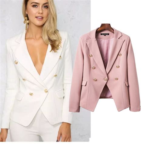 Double Breasted Suit Blazer Femme Spring Sexy Vneck Lstretch Slim White