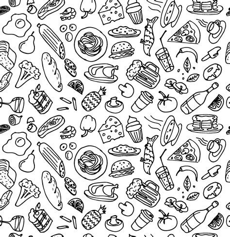 Various Hand Drawn Food Cookery Doodle Outline Sketch Seamless Pattern