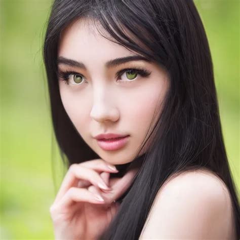Beautiful Young Eurasian Female Face Long Black Hair Stable