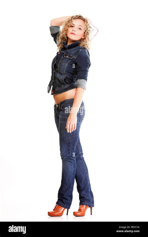 Beautiful Young Woman Blonde Standing Full Body In Jeans Isolated Stock