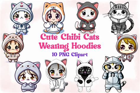 10 Cute Chibi Cats Wearing Hoodies Png Graphic By The Artsy Designer