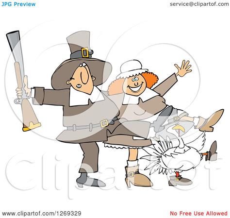 clipart of a thanksgiving turkey bird and pilgrim couple dancing the can can royalty free