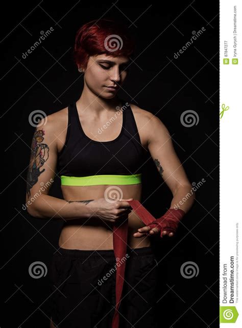 Woman Wrapping Hands With Red Boxing Wraps Stock Image Image Of Glove