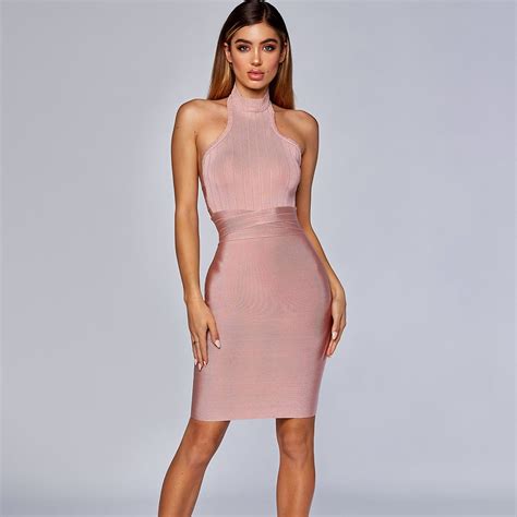 New Arrival High Collar Sleeveless Bandage Bodycon Dress Nude Color Knee Length Elastic Stretch