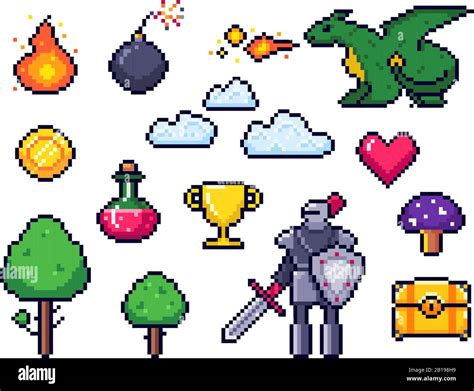 Pixel Game Elements Pixelated Warrior And 8 Bit Pixels Dragon Retro