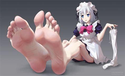 Tobiichi Origami Date A Live Silver Hair Highres 1girl Barefoot Blue Eyes Feet Maid