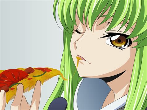 Green Hair One Eye Closed Code Geass Food Pizza Anime Girls Eating
