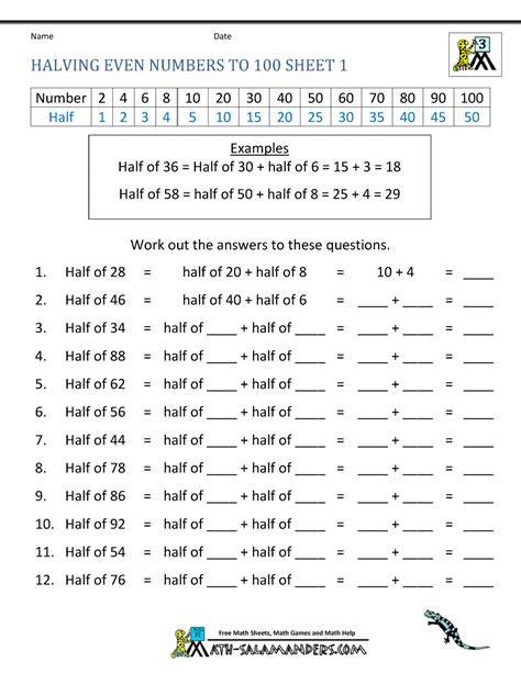Halving Numbers Worksheet Ks6