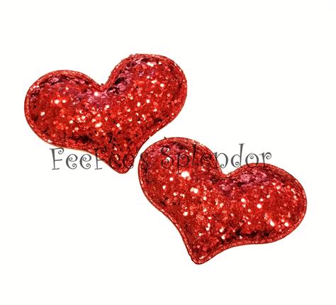 25 Red Glitter Hearts Set Of 5 Padded Heart Applique Etsy