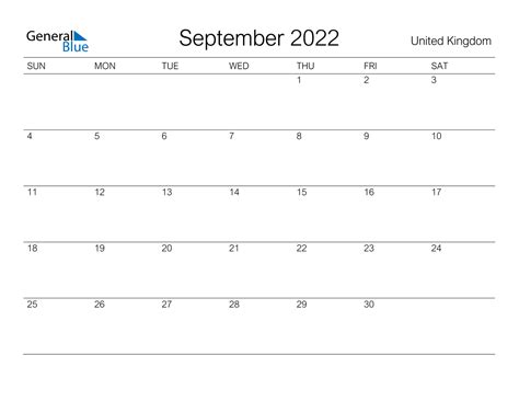 September 2022 Calendar United Kingdom