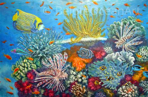 Hand painted underwater illustration hand painted underwater illustration with coral reef, starfish. Original Coral reef Painting with 3 Lionfish - Sea life Art Business Underwater Paintings By ...