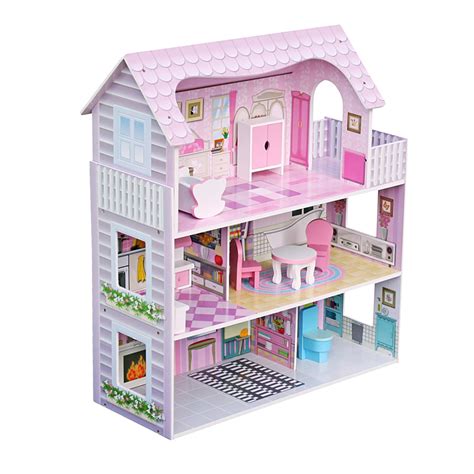 Large Childrens Wooden Dollhouse Kid House Play Pink With Furniture