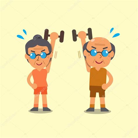 Cartoon Senior Man And Woman Doing Dumbbell Exercise — Stock Vector