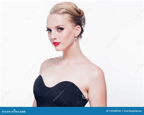 beautiful blonde woman with red lipstick and classic fashion sty stock image image of beauty
