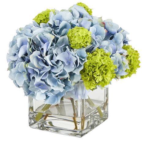 10” hydrangea artificial arrangement in glass vase nearly natural