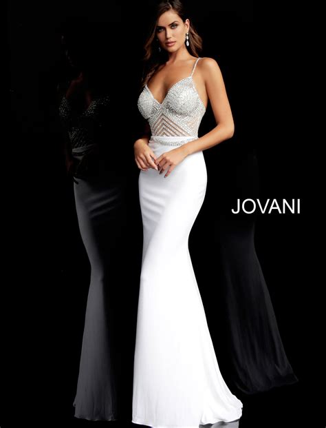 Jovani 63147 White Sheer Crystal Embellished Prom Dress