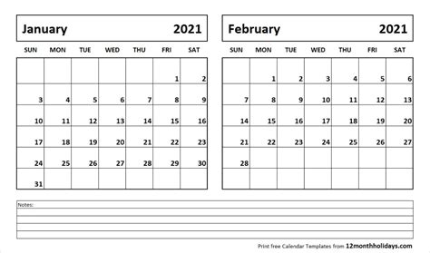 Free January And February 2021 Calendar Template