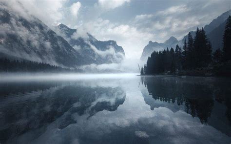Nature Water Landscape Morning Mist Lake Mountain Clouds