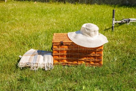 Picnic Basket On Meadow Outdoor Summer Picnic On The Green Grass At