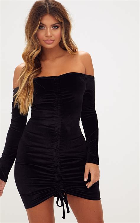 Plymouth Chart Prettylittlething Ruched Bardot Bodycon Mini Dress July Black Ruched Mesh