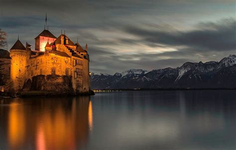 Forest The Sky Mountains Night Lights Lake Switzerland Castle