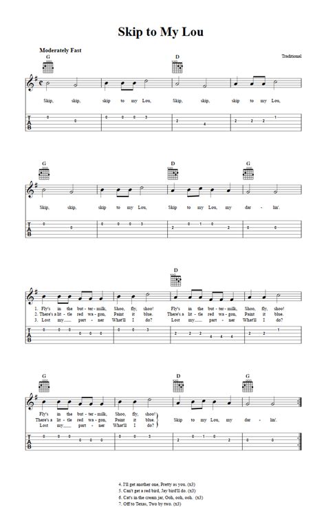 Skip To My Lou Easy Guitar Sheet Music And Tab With Chords And Lyrics