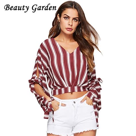 beauty garden women fashion autumn striped t shirt long sleeve bow v neck short sexy slim t